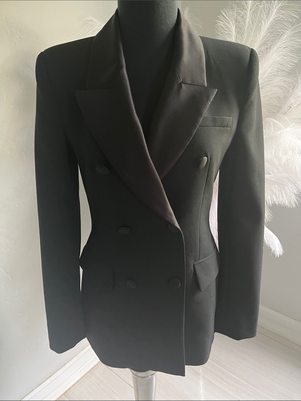 Zara Double-Breasted Black Satin-Lapel Blazer